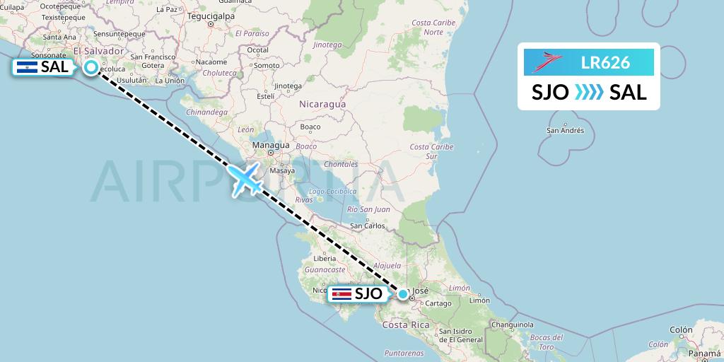 LR626 Lacsa Flight Map: San Jose to San Salvador