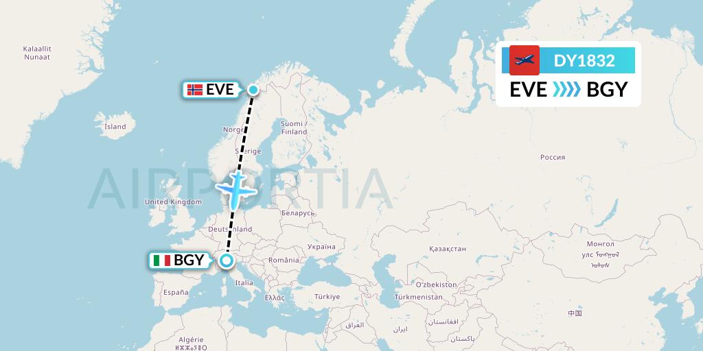 DY1832 Norwegian Flight Map: Harstad to Milan