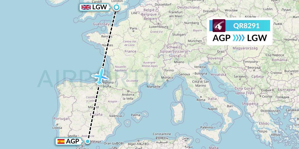 QR8291 Qatar Airways Flight Map: Malaga to London