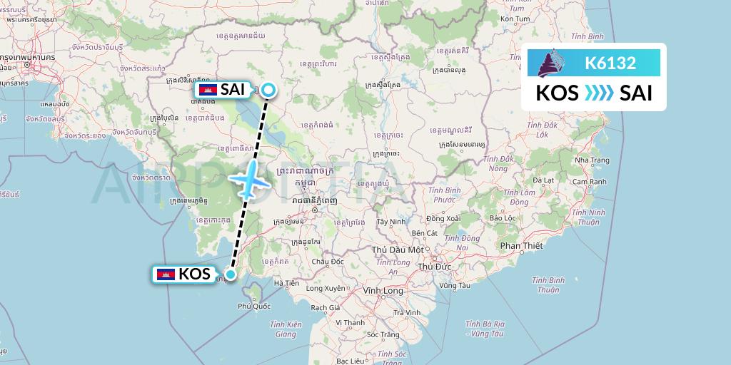 K6132 Cambodia Angkor Air Flight Map: Sihanoukville to Siem Reap