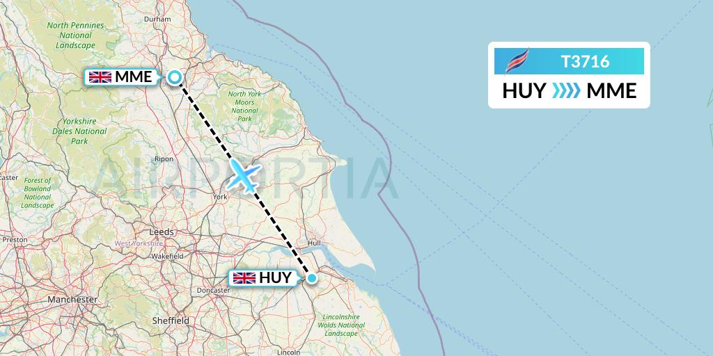 T3716 Eastern Airways Flight Map: Humberside to Darlington