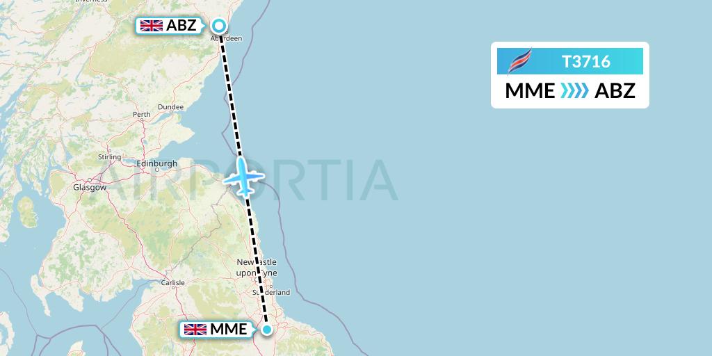 T3716 Eastern Airways Flight Map: Darlington to Aberdeen