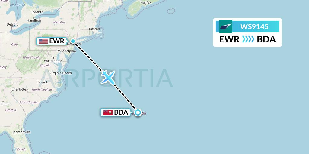 WS9145 WestJet Flight Map: New York to Bermuda