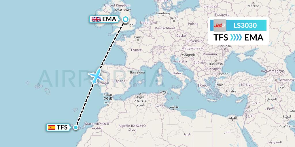 LS3030 Jet2 Flight Map: Tenerife to East Midlands