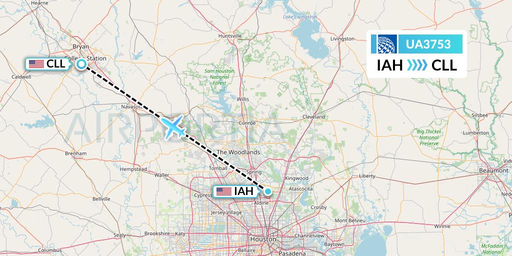 UA3753 United Airlines Flight Map: Houston to College Station
