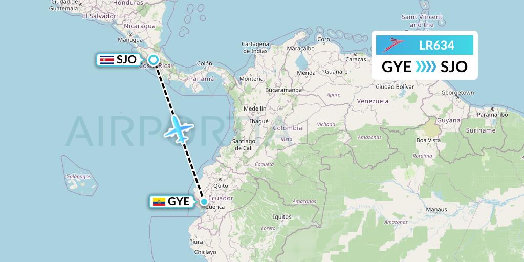 LR634 Lacsa Flight Map: Guayaquil to San Jose