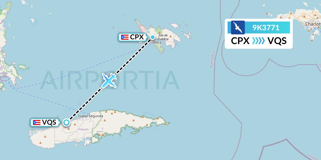9K3771 Cape Air Flight Map: Isla De Culebra to Vieques