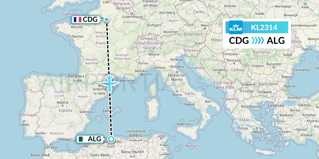 KL2314 KLM Flight Map: Paris to Algiers
