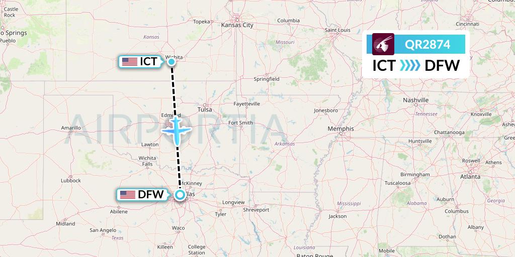 QR2874 Qatar Airways Flight Map: Wichita to Dallas