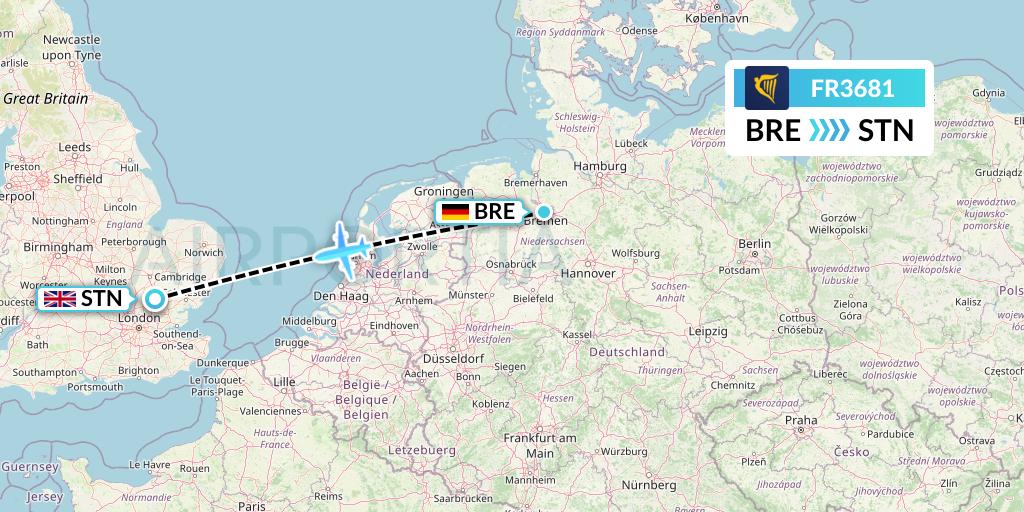 FR3681 Ryanair Flight Map: Bremen to London