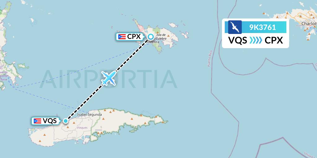 9K3761 Cape Air Flight Map: Vieques to Isla De Culebra