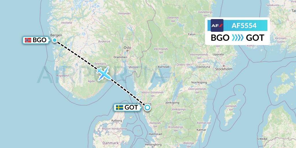 AF5554 Air France Flight Map: Bergen to Gothenburg