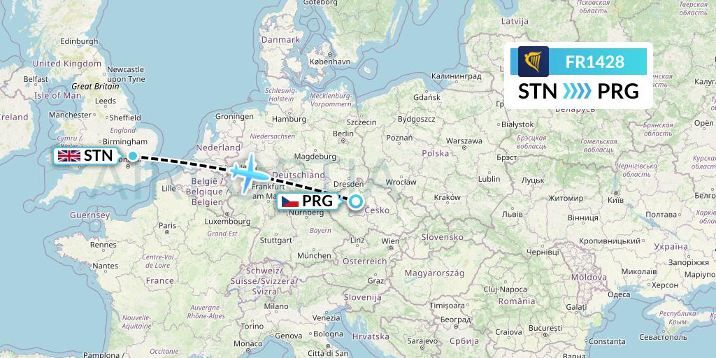 FR1428 Ryanair Flight Map: London to Prague
