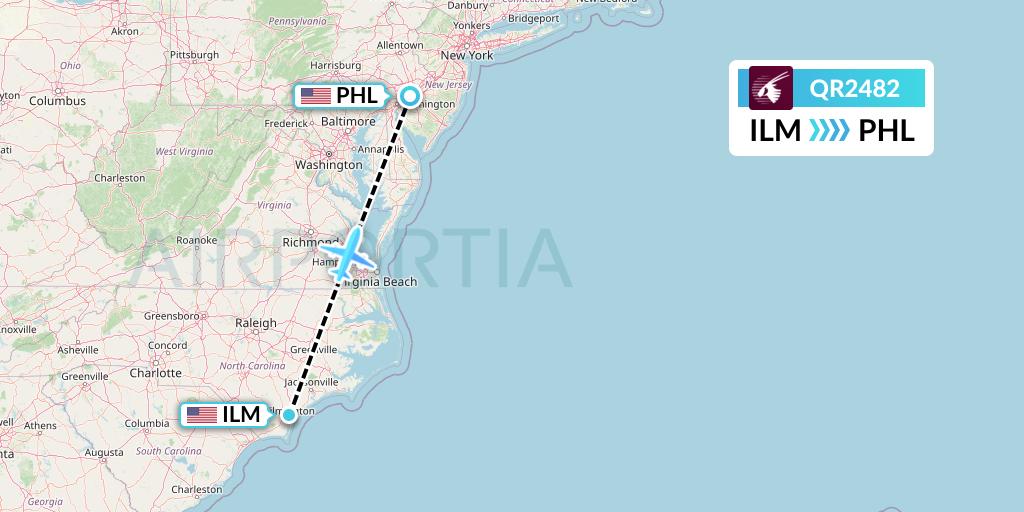QR2482 Qatar Airways Flight Map: Wilmington to Philadelphia
