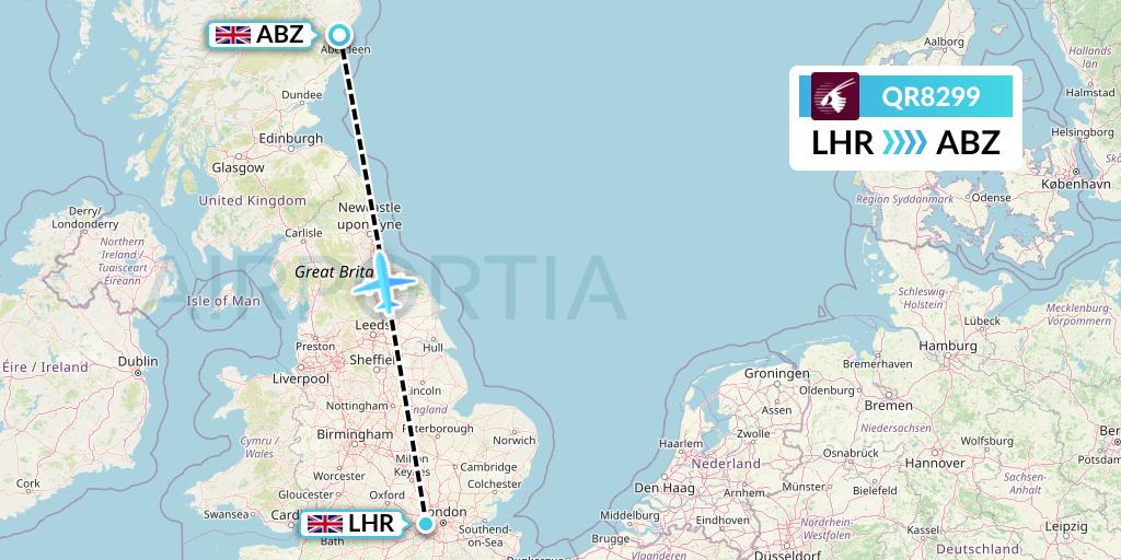QR8299 Qatar Airways Flight Map: London to Aberdeen