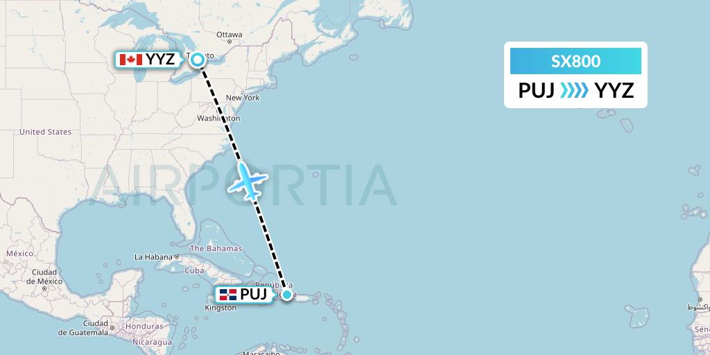 SX800 Flygta Airlines Flight Map: Punta Cana to Toronto