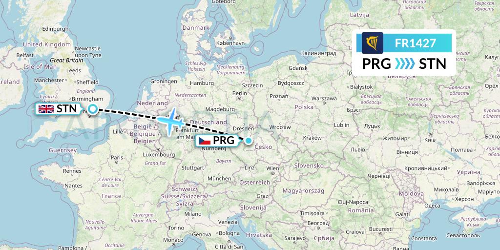 FR1427 Ryanair Flight Map: Prague to London