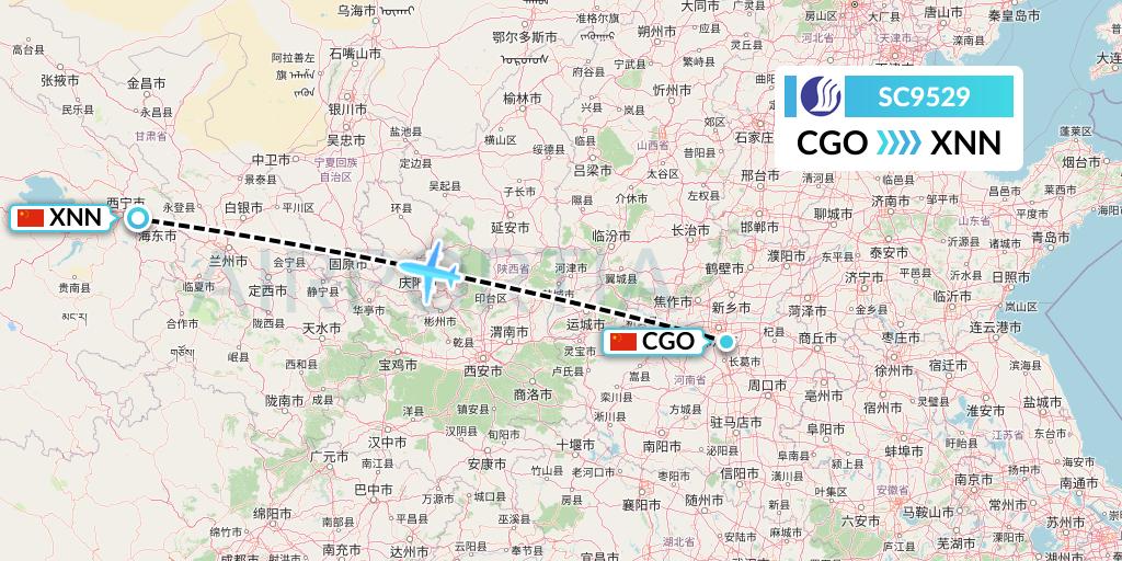 SC9529 Shandong Airlines Flight Map: Zhengzhou to Xining