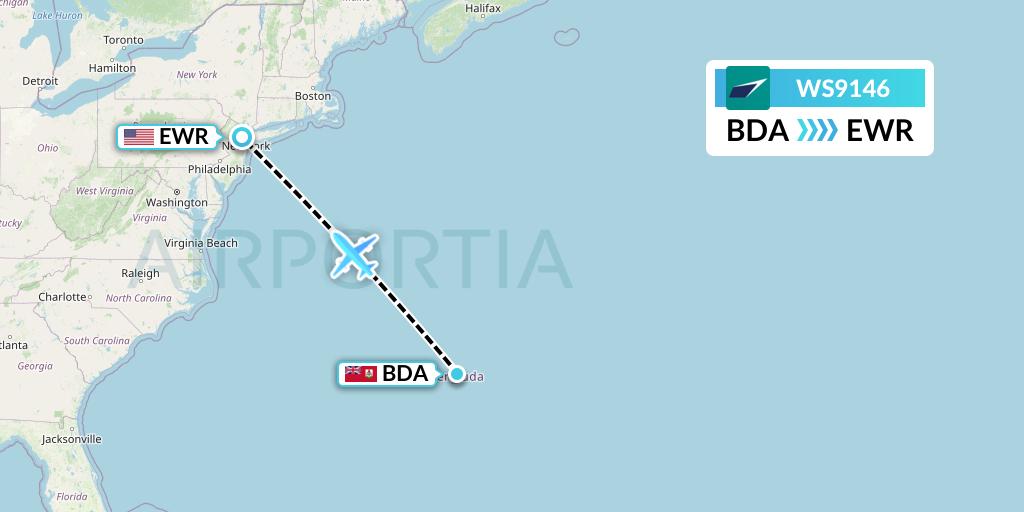 WS9146 WestJet Flight Map: Bermuda to New York
