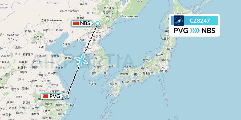 CZ8247 China Southern Airlines Flight Map: Shanghai to Baishan