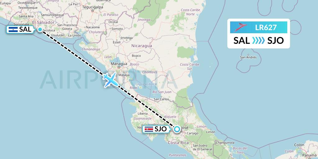 LR627 Lacsa Flight Map: San Salvador to San Jose