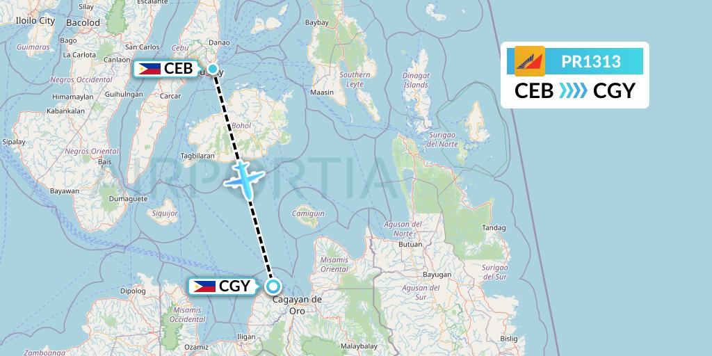 PR1313 Philippine Airlines Flight Map: Cebu to Cagayan de Oro