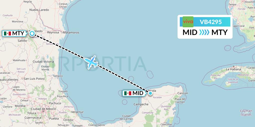 VB4295 VivaAerobus Flight Map: Merida to Monterrey