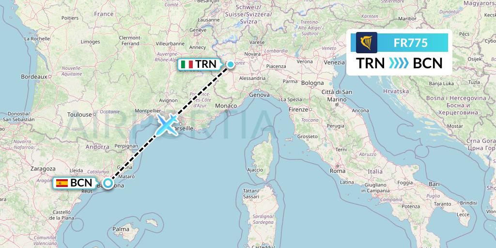 FR775 Ryanair Flight Map: Turin to Barcelona