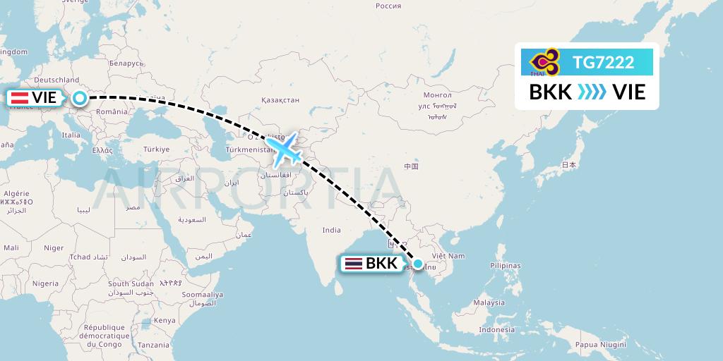 TG7222 Thai Airways Flight Map: Bangkok to Vienna