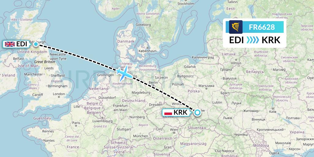 FR6628 Ryanair Flight Map: Edinburgh to Krakow