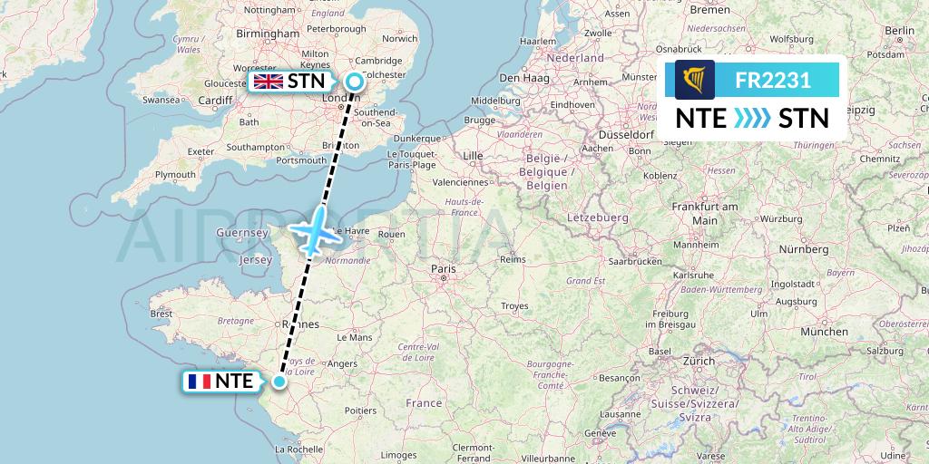 FR2231 Ryanair Flight Map: Nantes to London