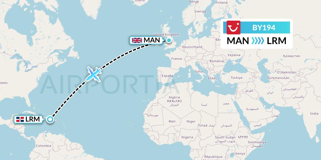 BY194 TUI Airways Flight Map: Manchester to La Romana