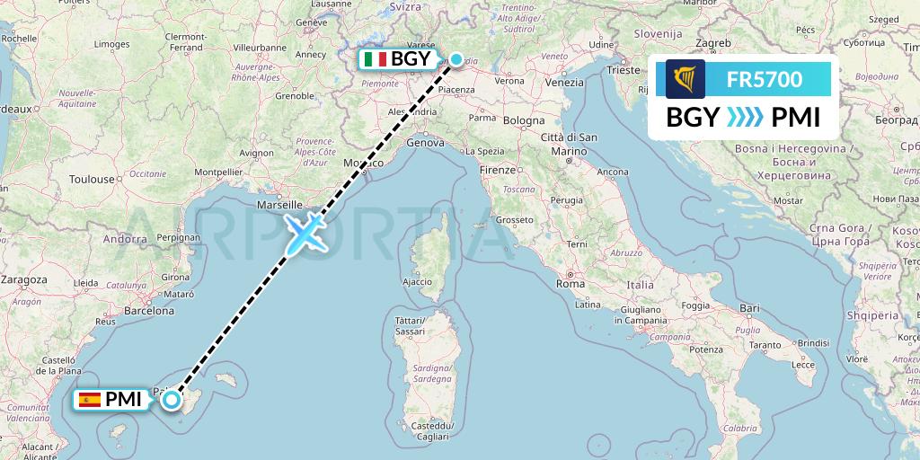 FR5700 Ryanair Flight Map: Milan to Palma de Mallorca