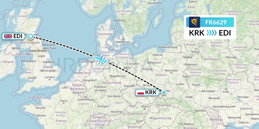 FR6629 Ryanair Flight Map: Krakow to Edinburgh