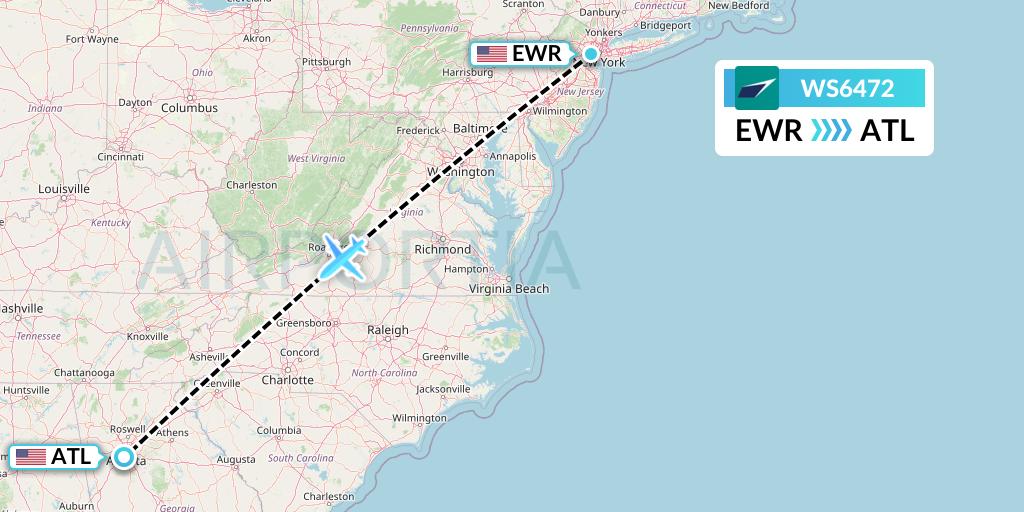 WS6472 WestJet Flight Map: New York to Atlanta
