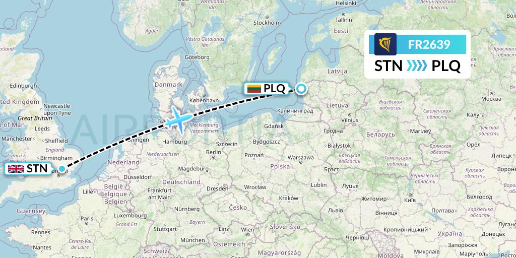 FR2639 Ryanair Flight Map: London to Palanga
