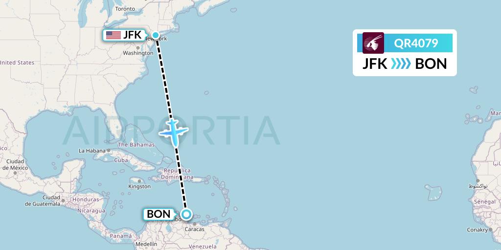 QR4079 Qatar Airways Flight Map: New York to Bonaire