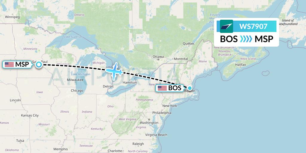 WS7907 WestJet Flight Map: Boston to Minneapolis