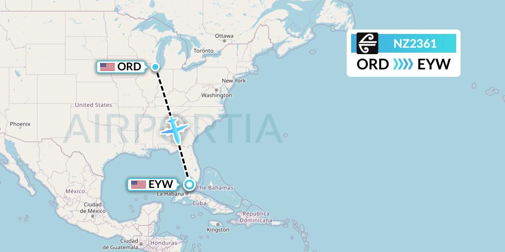 NZ2361 Air New Zealand Flight Map: Chicago to Key West