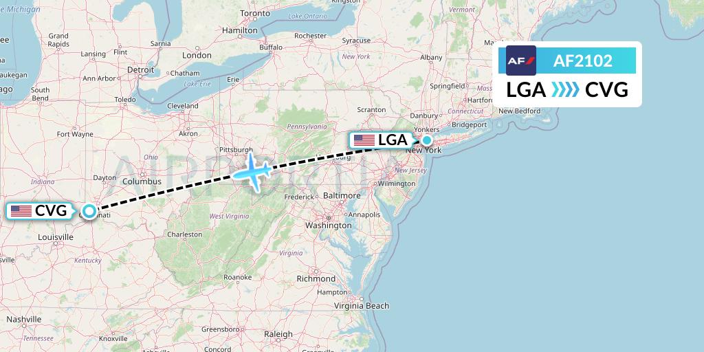 AF2102 Air France Flight Map: New York to Cincinnati