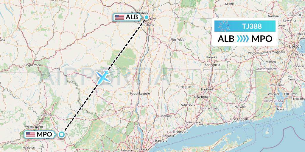 TJ388 Tradewind Aviation Flight Map: Albany to Mt Pocono