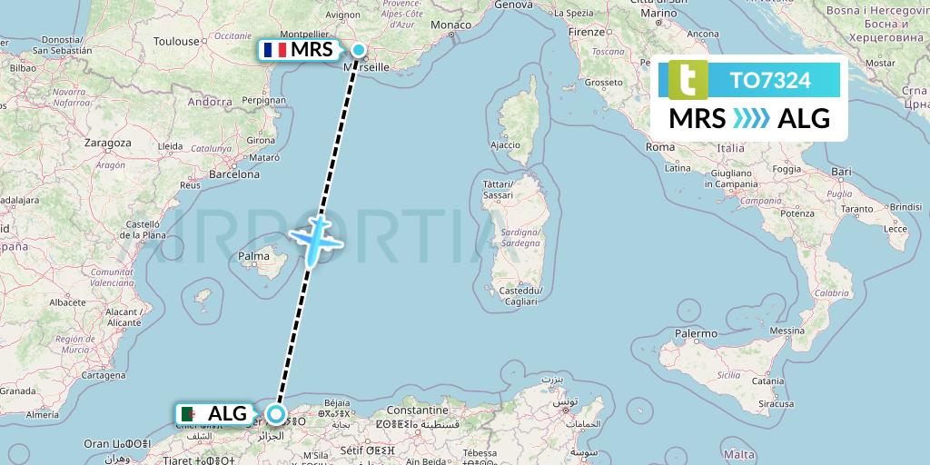 TO7324 Transavia France Flight Map: Marseille to Algiers
