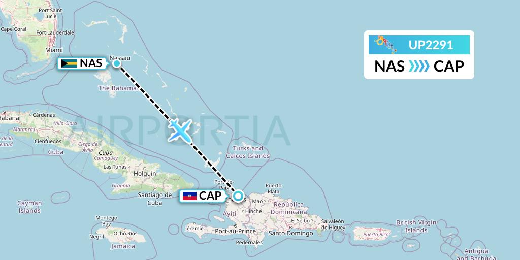 UP2291 Bahamasair Flight Map: Nassau to Cap-Haitien