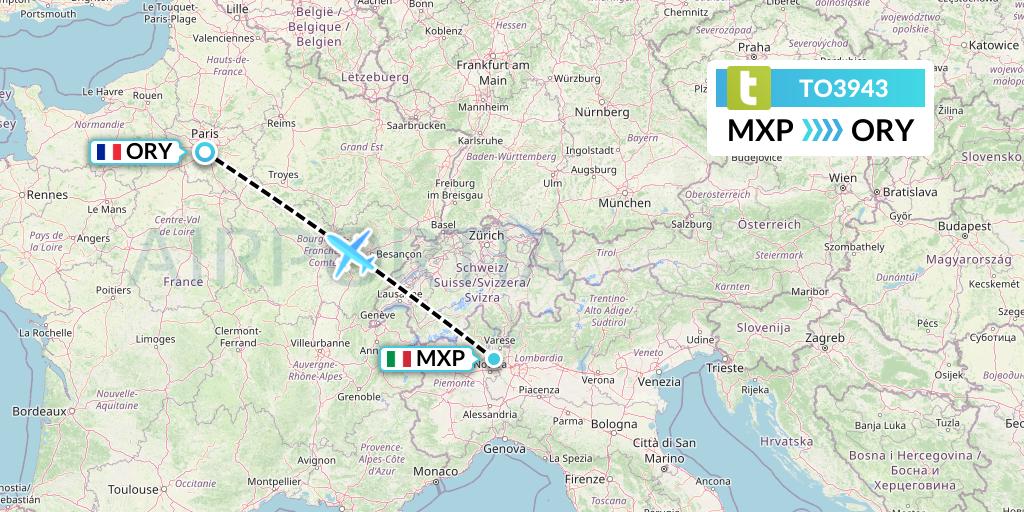 TO3943 Transavia France Flight Map: Milan to Paris