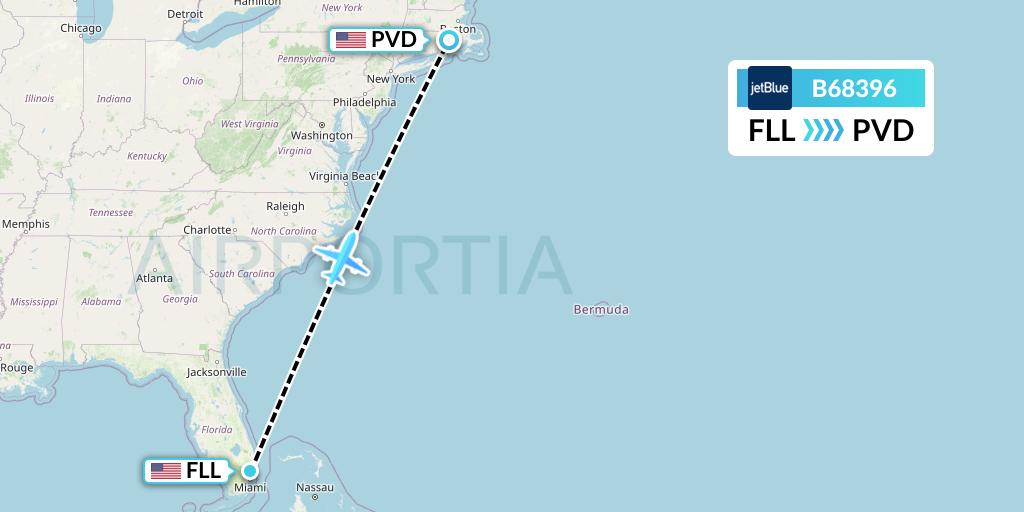 B68396 JetBlue Airways Flight Map: Fort Lauderdale to Providence