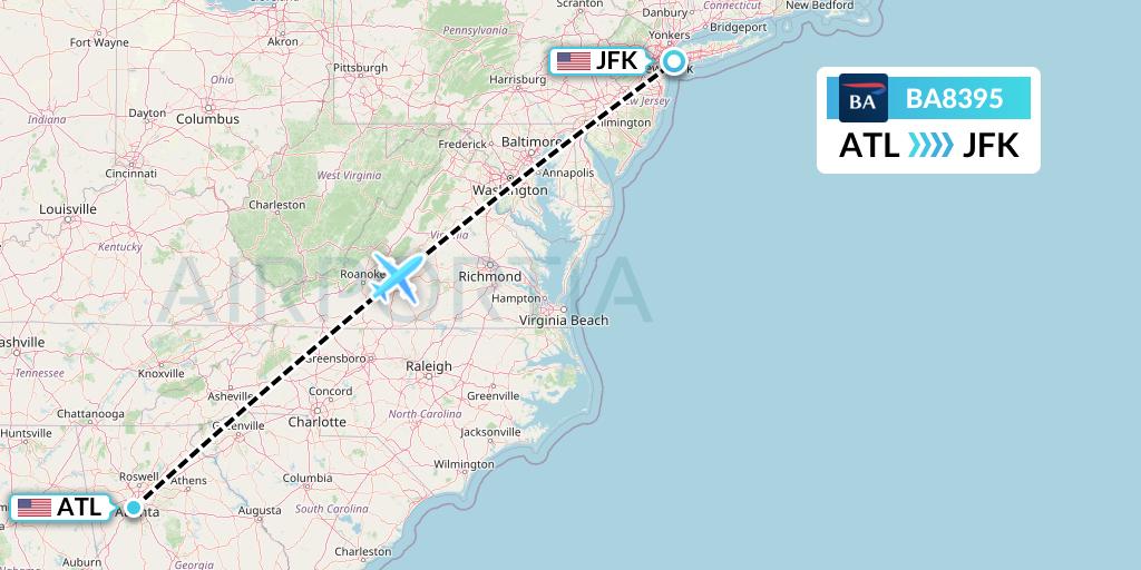 BA8395 British Airways Flight Map: Atlanta to New York