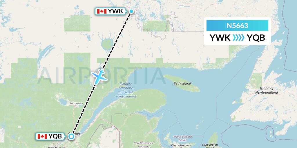 N5663 Nolinor Aviation Flight Map: Wabush to Quebec