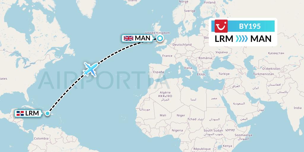 BY195 TUI Airways Flight Map: La Romana to Manchester