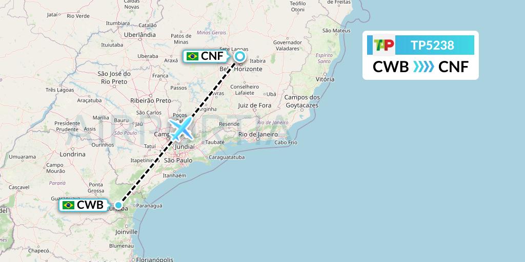 TP5238 TAP Portugal Flight Map: Curitiba to Belo Horizonte