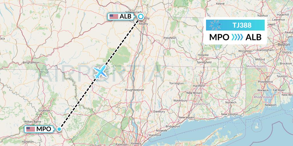 TJ388 Tradewind Aviation Flight Map: Mt Pocono to Albany